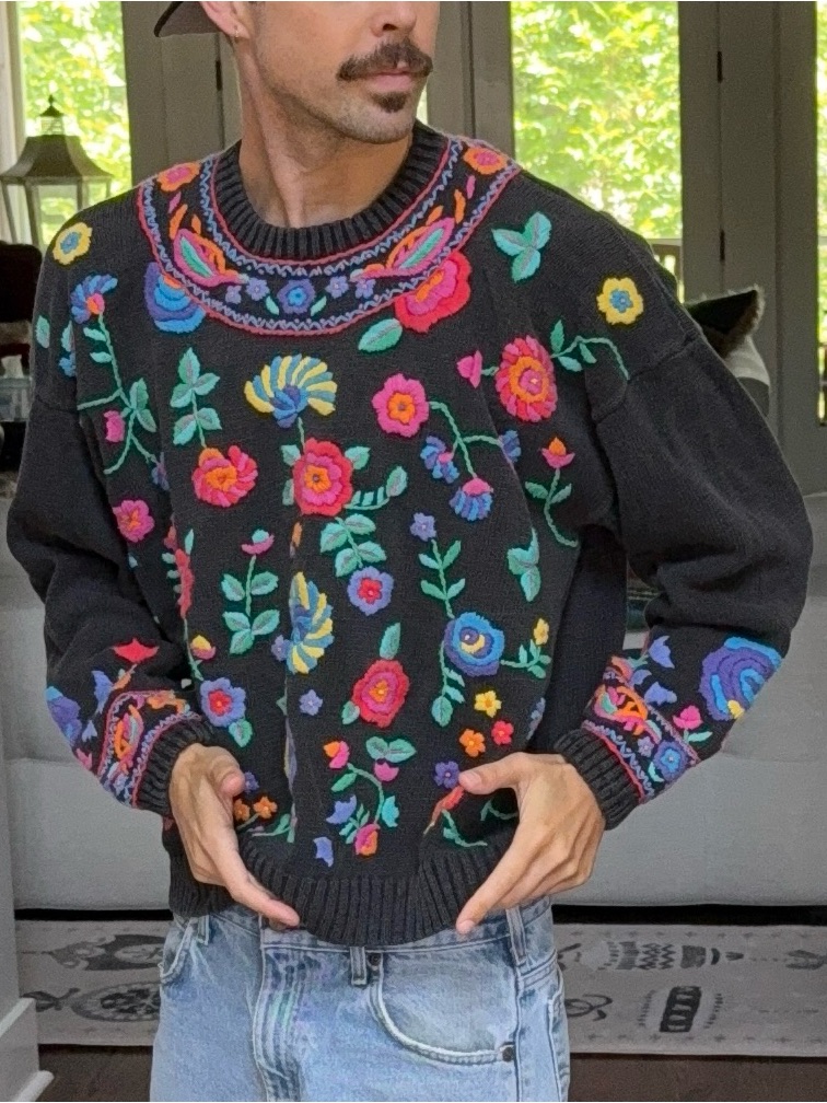 Vintage Hand-Embroidered Floral Sweater Fits S/M